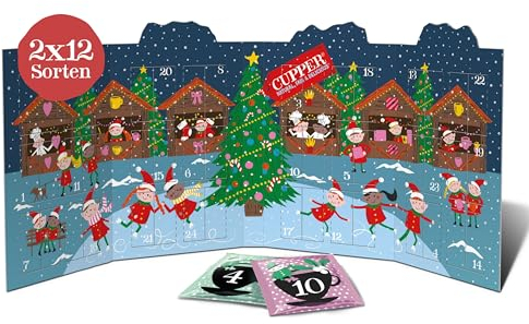 Cupper - Calendario de Adviento Desplegable Ecológico - Estuche con 24 Bolsitas de Infusiones y Tés - Apto para Consumo Vegano - Incluye 12 Variedades Diferentes