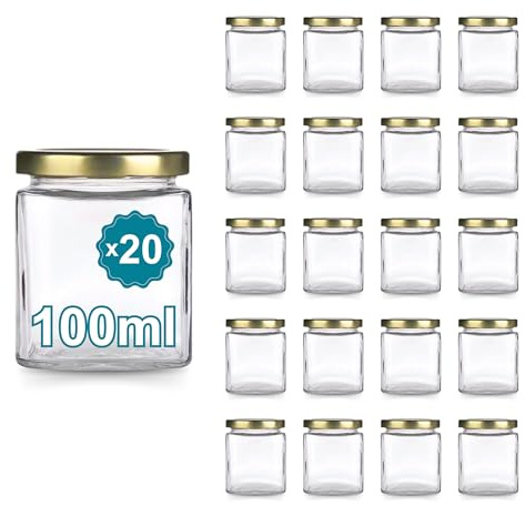 Espirito Rebelde Lot de 20 Pots en Verre Carrés 100 ml avec Couvercle Doré – Bocaux de Rangement pour Épices, Confiture et Yaourt | Cuisine Organisée