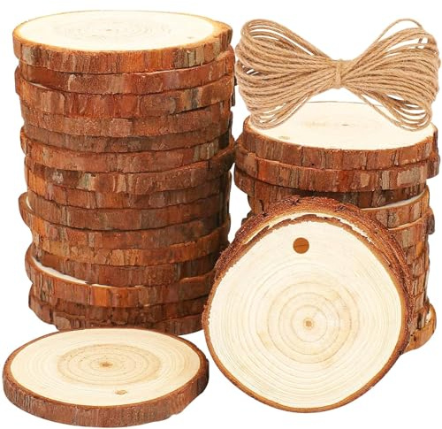30 Stück Holzscheiben 7-8cm, Baumscheiben mit Rinde und Loch und Seil von 10 m Holz Log Scheiben Holzkreise Holz-Scheiben Unvollendete Holzkreise für DIY Handwerk Weihnachten Dekoration Baumscheibe