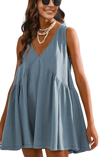 Athlisan Womens Summer Sleeveless Mini Dress Casual Loose V Neck Sundress with Pockets(Bluegrey-M)