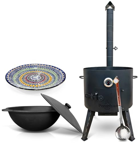Utschak Feuerofen mit Thermometer Gusseisen Topf runder Boden mit Deckel (22 L), Schaumlöffel, Lagan KazanoFF, Учаг, Kazan (22F 5)