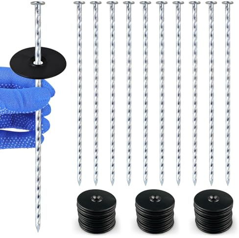 SZENSANG Lot de 50 piquets de tente galvanisés - 25 cm | Avec 50 disques noirs de 5,8 cm pour non-tissé anti-mauvaises herbes, gazon artificiel, tente, tonnelle et film de jardin