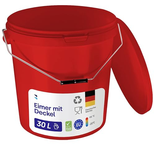 BenBow Eimer mit Deckel 30l rot 5X 30 Liter - lebensmittelecht stabil luftdicht auslaufsicher geruchsneutral - Aufbewahrungsbehälter aus Kunststoff - Metalgriff - Rissfester Griff - leer - das Haus
