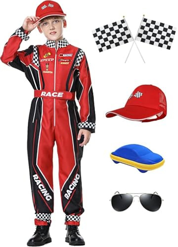 KUKIKUKI Costume da pilota di auto da corsa Ragazzi Tuta da pilota con berretto per auto Bambini Vestiti per Halloween (Set Rosso, 140)