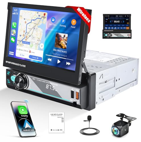 CAMECHO 1 DIN Bluetooth Autoradio mit CarPlay & Android Auto, 7 Zoll Manuelle Ausfahrbarem Bildschirm mit Bluetooth 5.1 Freisprecheinrichtung Mirror Link FM/AM USB/TF/AUX SWC Rückfahrkamera MIC