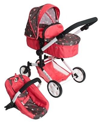 Bayer Chic 2000 Passeggino combinato 3 in 1 Linus – Butterfly Corallo – pieghevole, manico regolabile in altezza 47 – 78 cm, con seggiolino auto – Bambole fino a 52 cm, 4 – 8 J