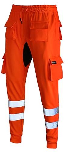 SEA3 Men's Hi Viz Vis High Visibility Fleece Slim Fit Work Cargo Painter Trousers Joggers Bottoms, Orange - XXL