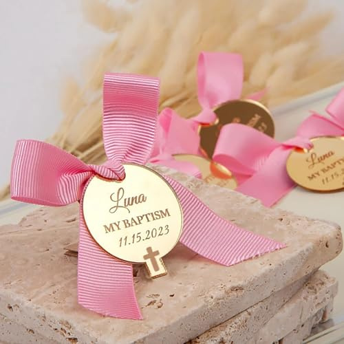Lot de 80 étiquettes miroir personnalisées en acrylique pour baptême, décoration de baptême de bébé avec croix pour première communion, célébration religieuse