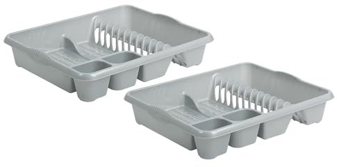 Set of 2, Silver, Large Dish Drainer with Integral Handle Durable Plastic Cutlery Drying Rack - Cup Glass Bowl Holder Compartment & 12 Plates Holder - Kitchen Countertop Dish Rack 46.50 X 38 X 9cm