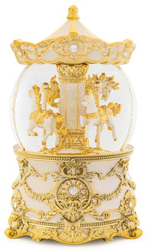 Carousel Music Box Gold & Ivory Christmas Snow Globes, 8.3 Rotate Carousel Snow Globe for Kids & Adults, Classic Wind up Musical Snow Globe Birthday Gifts for Women Girls, Carousel Horse Home Decor