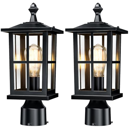 SNRU Outdoor Post Lights 2-Pack, Anti-Rust Waterproof Black Pillar Light Fixtures, 120V Hardwired Pier Mount Lanterns with 3-Inch Base, 15 Medium Exterior Post Lamp for Garden Patio Gate Driveway