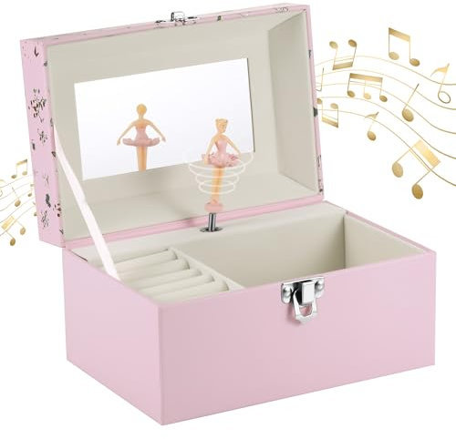 Huiguli Joyero Musical Niña, Caja de Música con Bailarina Giratoria y Espejo, Joyero Musical Bailarina para Niñas 3-10 Años, Caja de Música Infantil Regalo, 18x12x10cm, Rosa
