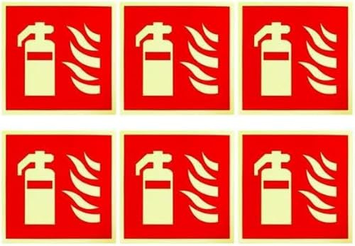 6 Stück PVC-Feuerlöscher, selbstklebend, Schild Feuerlöscher 15x15cm PVC Nachleuchtend Selbstklebende Brandschutzschild Feuerlöscher Aufkleber für Außen und Innen