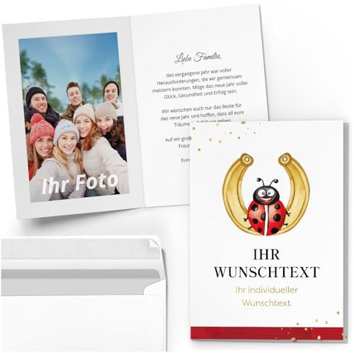 10 PERSONALISIERTE Grußkarten Neujahrskarte Neujahr Silvester mit eigenem Text und Foto - Individuell anpassbare Karten Klappkarten mit Umschlag - Hufeisen Glück Neiujahrskarte