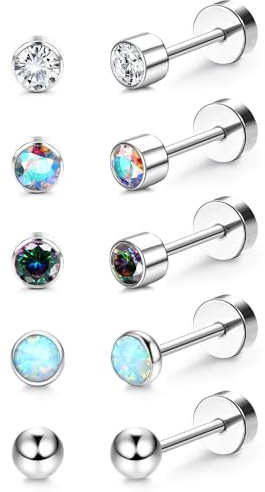 JeweBella 5 par allergivänliga G23 titanörhängen för kvinnor män 20 g titan platt baksida örhängen öronpiercing dubbar tragus helix brosk örhänge set för känsliga öron, Titan