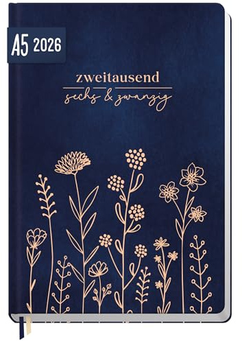 Häfft-Timer Buchkalender 2026 A5 Fine Flowers night blue JANUAR - DEZEMBER 2026, Hardcover Kalender, Terminplaner für junge Erwachsene - nachhaltig & klimafreundlich