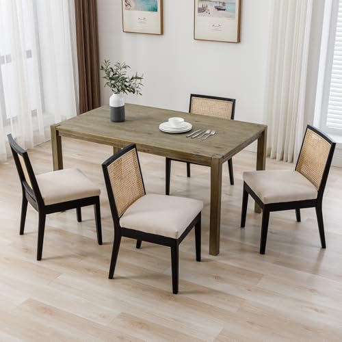 DAYALANE 4 PZ Sedie Sala da Pranzo con Schienale in Rattan per Cucina, Nero | Sedia Cucina Rétro, Sedie da Salotto con Gambe in Legno, Cuscino della Seduta Imbottito per Soggiorno/Ristorante