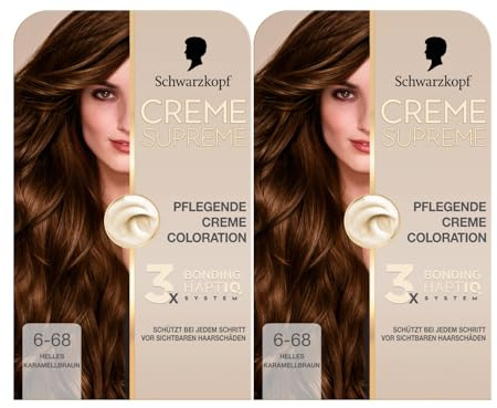 Schwarzkopf Creme Supreme Coloration 6-68 Helles Karamellbraun (2x182 ml), dauerhafte Haarfarbe mit Serum und Haar-Maske schützt vor sichtbaren Haarschäden, für 100% Grauabdeckung