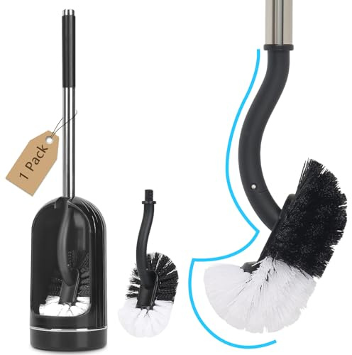Toilet Brush, Toilet Brushes with Holders, Curved Toilet Brush with Edge Cleaner, Stainless Steel & Plastic Handle, Loo Brush Replacement Heads, Bathroom Cleaning Brush (1, Black)