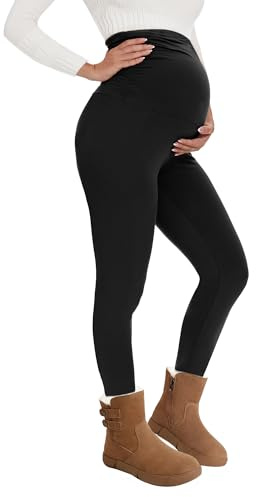 QGGQDD Maternity Thermal Black Leggings with Pockets High Waisted Workout Leggings Support Yoga Pants