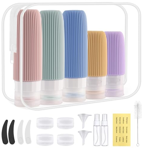 Zosenyer 20 Pack Botes Viaje Rellenables, Travel Bottles Silicona con Accesorios de Viaje, Neceser Kit Viaje Avión para Gel y Champu, Cosméticos, Lociones y Líquido, a Prueba de Fugas (Colorido)