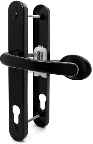TSS UPVC Door Handle Pair Set with Offset Lever and Pad, 95/65mm PZ Centres (Internal = 95mm / External 65mm), Sprung, 200mm Screw to Screw, Backplate 250mm x 34mm (Black)