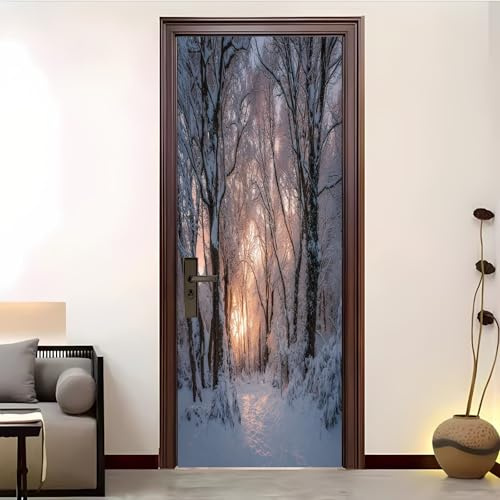 Türtapete Selbstklebend Abnehmbar 77x200 cm Sonnenuntergang Wald Schnee Szene Türfolie Poster Wasserfest PVC Weiß Türaufkleber für Wohnzimmer, Schlafzimmer, Küche und Bad