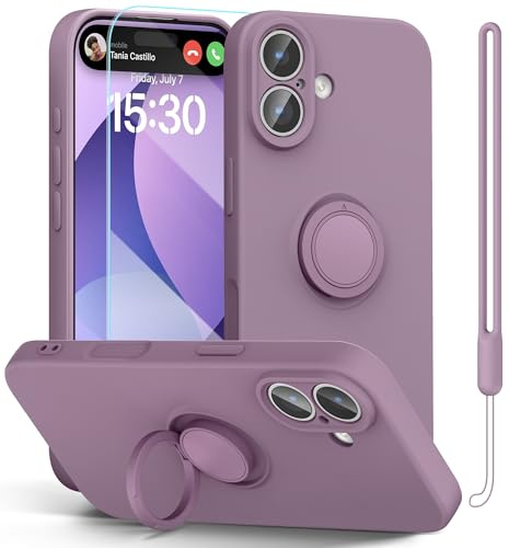 pcgaga Silicone Phone Case for iPhone 17 6.3 Inch with Screen Protector [Ring Holder Stand] [Wrist Strap] [Microfiber Lining] Slim Shockproof Protective Cover, 6.3, Purple
