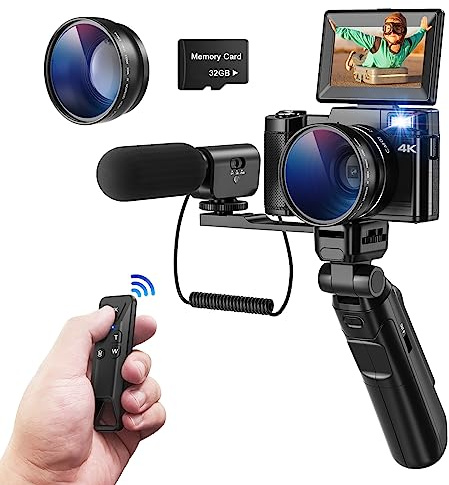 CCN Appareil Photo numérique 4K, 48MP avec 180 ° Flip 3.0 écran, 16X Zoom numérique Compact avec trépied et Microphone, avec lentille Grand Angle et lentille Macro, télécommande, 32GB TF Carte, Noir
