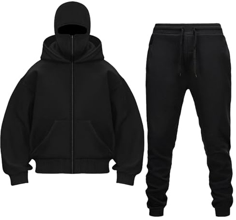 Conjunto de Balaclava con capucha para hombre | Cálido traje deportivo de 2 piezas | Conjunto de sudadera con capucha y pantalón de deporte con cremallera | Traje de jogging con pasamontañas |