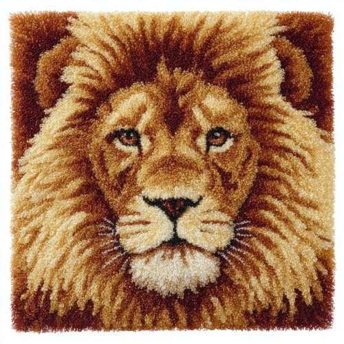 Henypt Latch Hook Kits Animal Lion Pillow Cover DIY Cushion Cross Stitch Crochet Hook Pillowcase Making Kits Preprinted Pattern Canvas Cushion 43x43cm