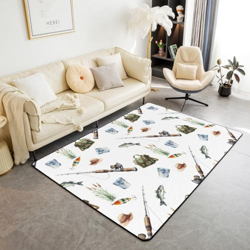 Manfei Tappeto da pesca con canna da pesca, spigola, pesce decorativo, antiscivolo, per bambini, adolescenti, adulti, stile rustico, non perde pelo, per camper, divano, letto, 90 x 15,2 cm