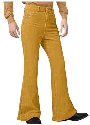 Mens Corduroy Flared Trousers Men's Vintage Classic 1960s Bell Bottoms Flared Trouser Stretch Fit Hippie Retro 70s Outfits Casual Trousers Disco Fancy Flare Cords Pants Bootcut Mens (Yellow, M)