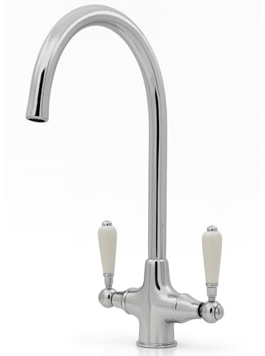 Inca Brushed Nickel Kitchen Mixer Tap | Ceramic Handles, Solid Brass | Durable Solid Brass Body | Brushed Nickel Finish | Traditional Dual Lever Design | Ceramic Handles | Easy Install