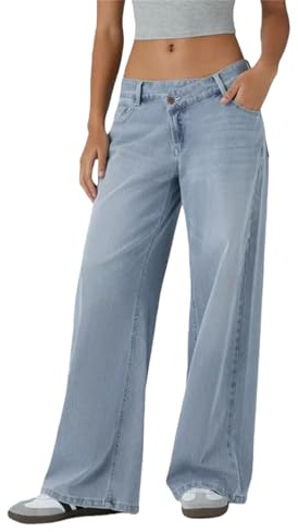 Jeans da donna elasticizzati a gamba dritta, jeans a vita bassa asimmetrici larghi, stile casual lavato, Azzurro, XS