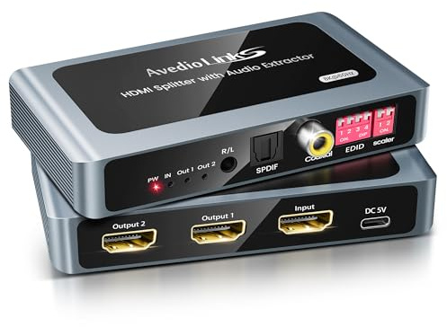 8K@60Hz HDMI Splitter 1x2 with Audio Extractor for Soundbar, HDMI 1 In 2 Out with Optical, Coaxial & 3.5mm, Support 4K@120Hz, HDR10+, VRR, ALLM, 48Gbps, Dolby Atmos 7.1CH, HDCP 2.3 Bypass, Down Scaler