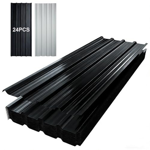 TEOV 12 Stück Trapezblech Dachplatten 115x45CM, Verzinkt Metall Dachplatten Wellblechplatten, Schwarz 0,25mm Dachblech Rostresistent Wetterfest für Dächer Carports Geräteschuppen Wandverkleidungen