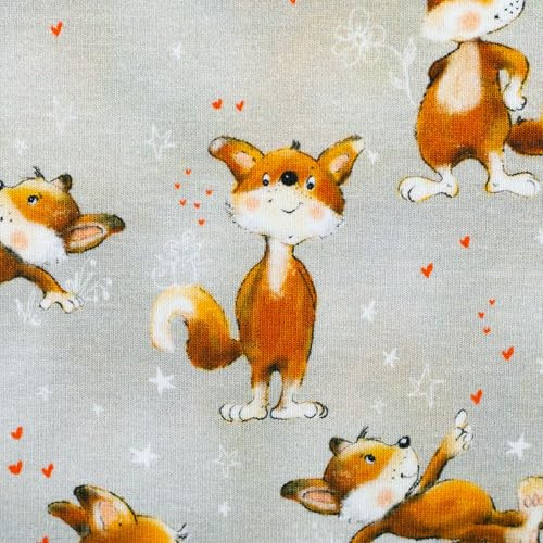 Baumwolljersey LATHI Stoff Meterware – Tiermotive mit Bären, Hasen, Füchsen & Wildschweinen – Elastischer Jersey für Kinderkleidung – 4 Designs (Füchse, grau)