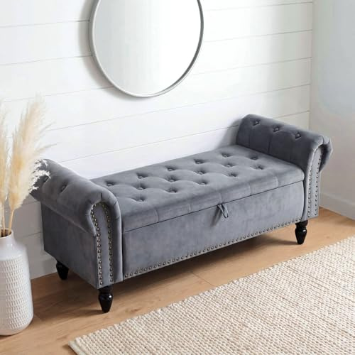 Clevich 70L Banco de Almacenamiento de Terciopelo, Baúl Pie de Cama y Zapatero, Banco Alargado Acolchado con Botones Capitoné, Ideal para Dormitorio, Entrada o Vestidor, Gris