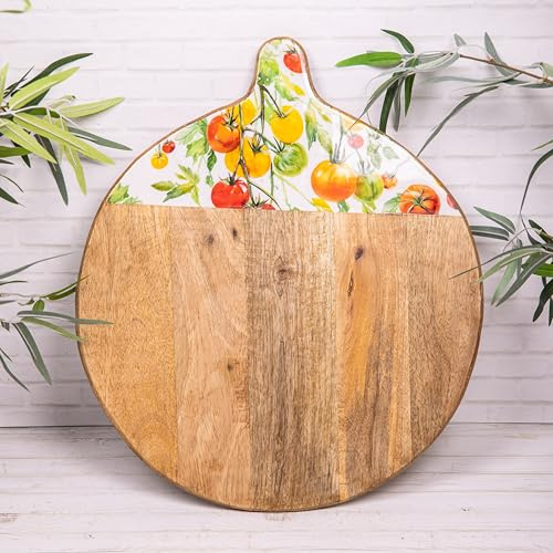 Mango Wood Tomato Enamelled Paddle Handle Pizza Charcuterie Cheese Display Chopping Board 40cms