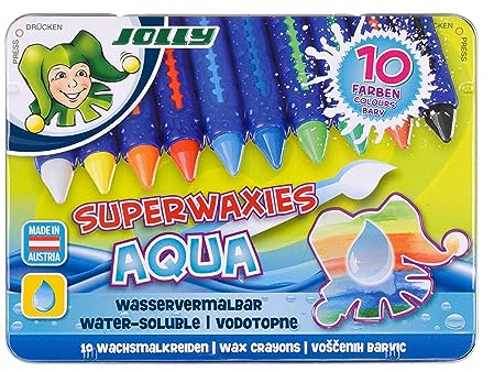 JOLLY Superwaxies Pastelli a cera acquerellabili - pittura ad acqua 10 pezzi in scatola di metallo, 11 pezzi (confezione da 1), vera cera d'api, pratica custodia, colori ricchi e coprenti