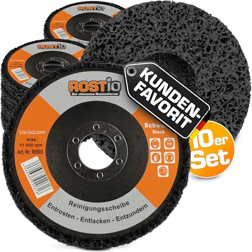 ROSTIO CSD-Scheibe 115 mm Schwarz – 10 Stück – Reinigungsscheibe für Winkelschleifer – flexibles Schleifvlies aus Nylonfaser mit Siliziumkarbid – entfernt Rost, Lack & Zunder – mittelhart & formstabil