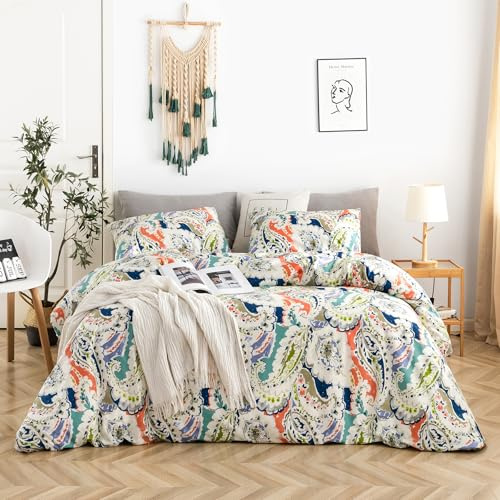 YuHeGuoJi Colorful Paisley Duvet Cover Queen 100% Cotton 3 Pcs Set 1 Orange Blue Boho Duvet Cover with Zipper Ties 2 Pillowcases Vintage Bohemian Paisley Floral Bedding Set Soft