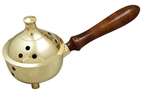 NKlaus Poêle à encens avec poignée en Bois véritable Laiton doré Ø 7cm pour encens Mode de Fonctionnement Charbon d'encens encensoir Travail Manuel 2169