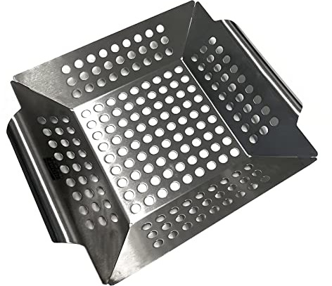 HAC24 Edelstahl Grillkorb 20 x 20 x 4 cm Grill Gemüsepfanne BBQ Lochpfanne Grillschale Grillrost Gemüsekorb
