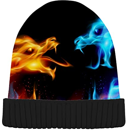YOUJUNER Herren Damen Beanie Mütze Blau Rot Drache Beanie Cap Thermouhr Kappe Unisex Kopfbedeckung Skull Cap Bündchen Mütze Wintermützen, mehrfarbig, One size