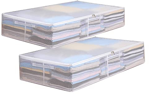ANAMPION 2 Stück Faltbare Unterbett-Aufbewahrungstaschen, Weiß Transparent Unterbett Aufbewahrungsbox Mit Sichtfenster Faltbarer Organizer, Unter Dem Bett Oder auf Dem Schrank 50 x 40 x 15 CM