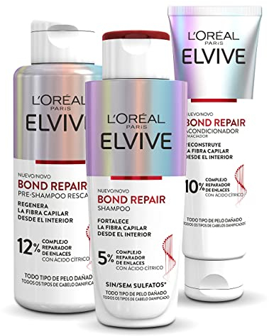 L'Oréal Paris Elvive Bond Repair Cofre Reconstrucción Pre-champú, Champú sin sulfatos, Acondicionador de Reconstrucción Profunda, Tratamiento para Reparar el Cabello Dañado, Multicolor
