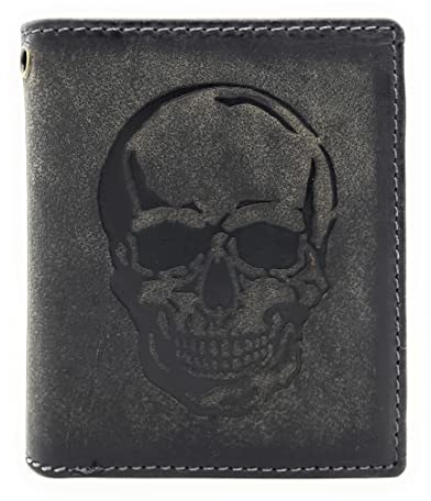 Lemasi Biker Geldbörse naturbelassenes Hunterleder Portemonnaie mit RFID Schutz Totenkopf (Grau mit Totenkopf ohne Kette)