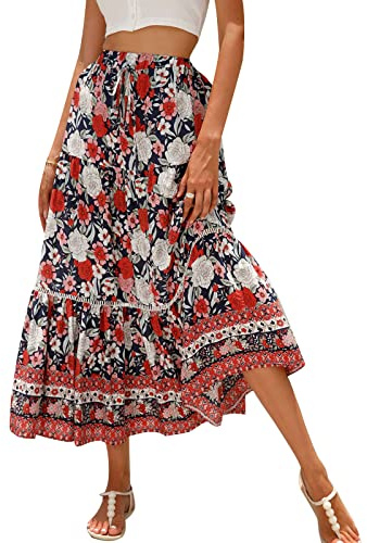 Falda larga bohemia para mujer, estilo vintage, estampado floral, estilo bohemio, cintura elástica, falda midi fluida, falda midi para verano y primavera, rosso, 36